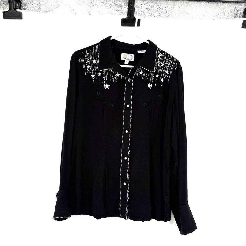 Vintage Panhandle Slim Shirt Womens XL Smile Pocket Rhinestone Stars Snap Rodeo
